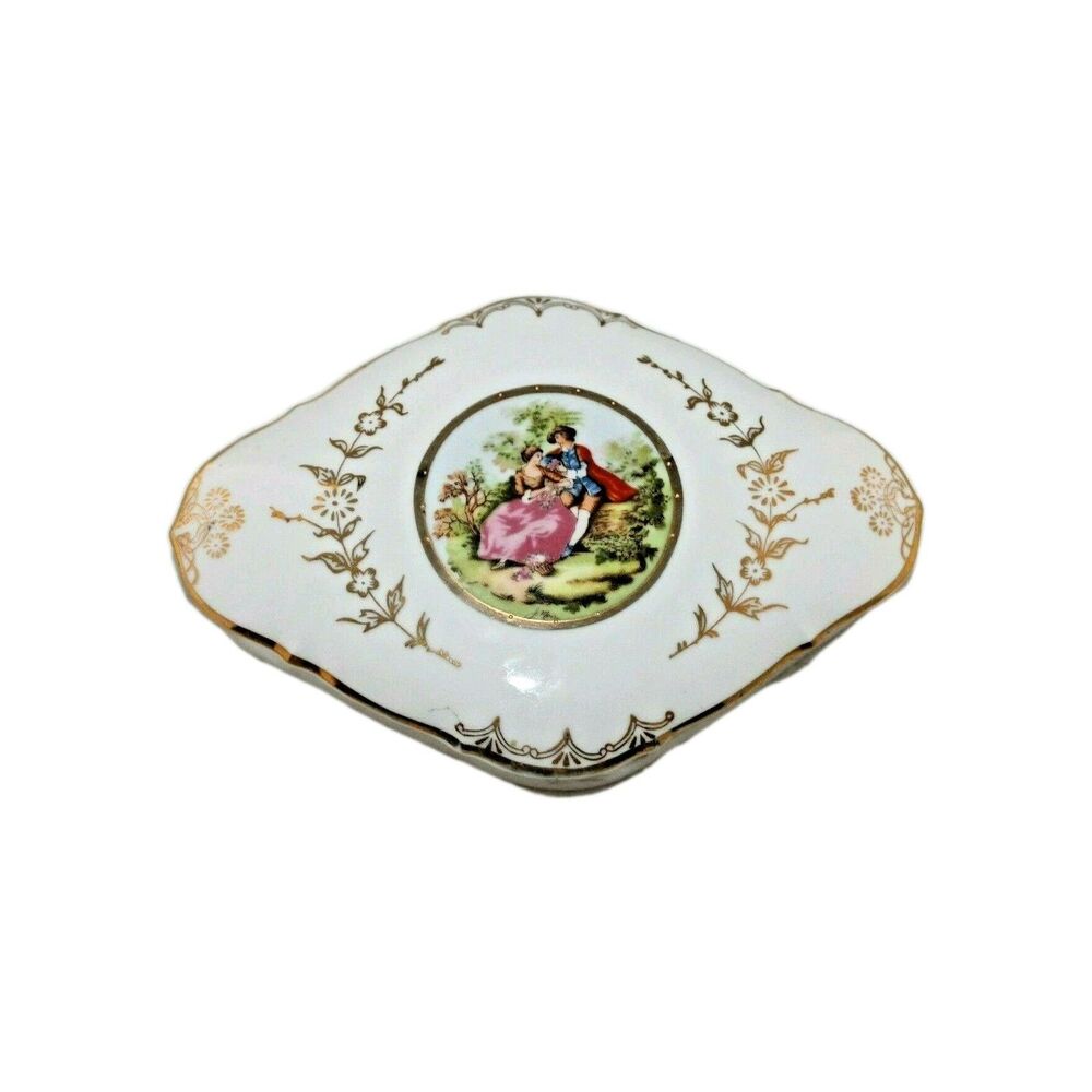 Vintage 1950's Arnart Trinket Box Porcelain Handpainted White with Gold Trim
